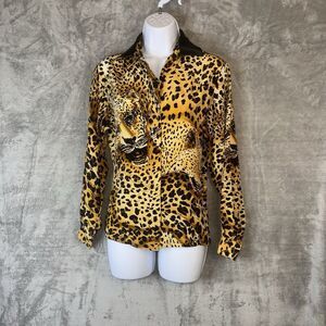 Vtg Bloomingdales Silk Cheetah Print Button Up Shirt Leather Collar 2P Mob Wife